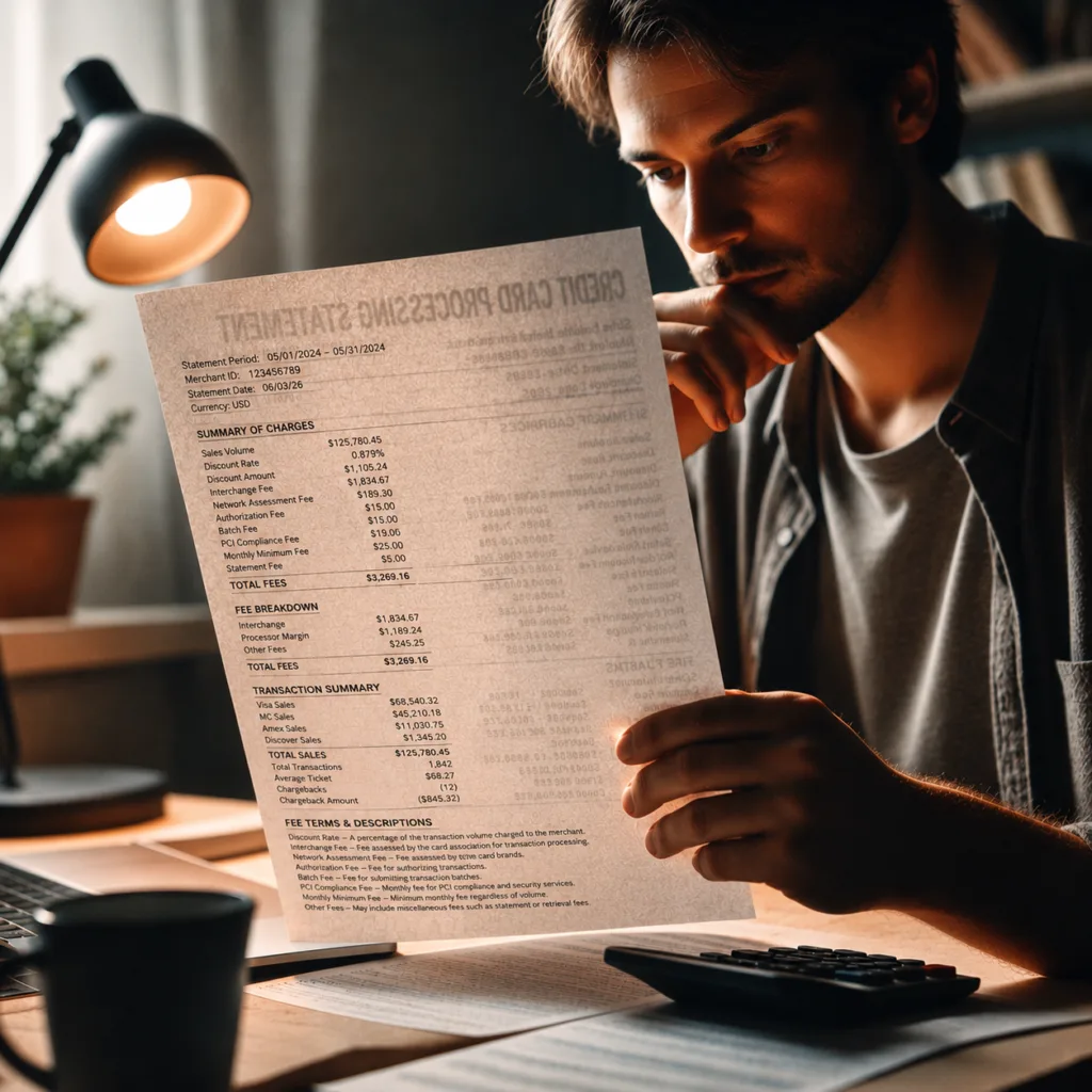 Man reading credit card processing statement
