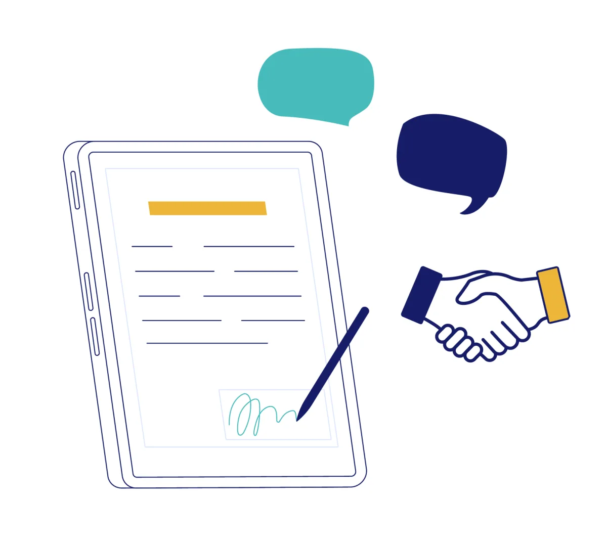 Illustration of a merchant processing contract being signed on a tablet, next to a handshake