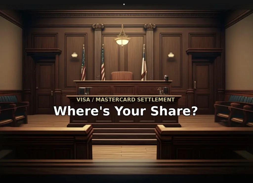 Courtroom with the headline "Where's Your Share?" about the Visa/Mastercard interchange fee settlement