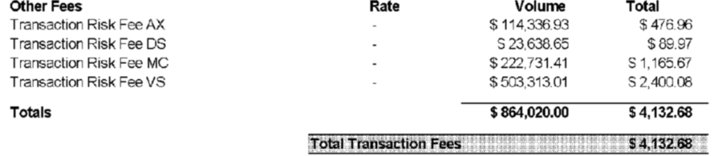 Statement excerpt showing a risk fee billed at 0.48 percent of volume