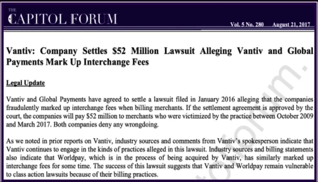 Vantiv, Worldpay, Global $52MM hush money Capitol Forum article clipping