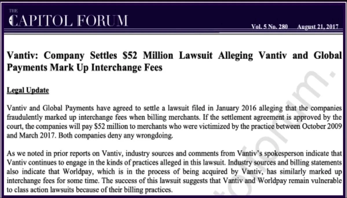 Capitol Forum: Vantiv settles $52 million lawsuit alleging interchange fee markups