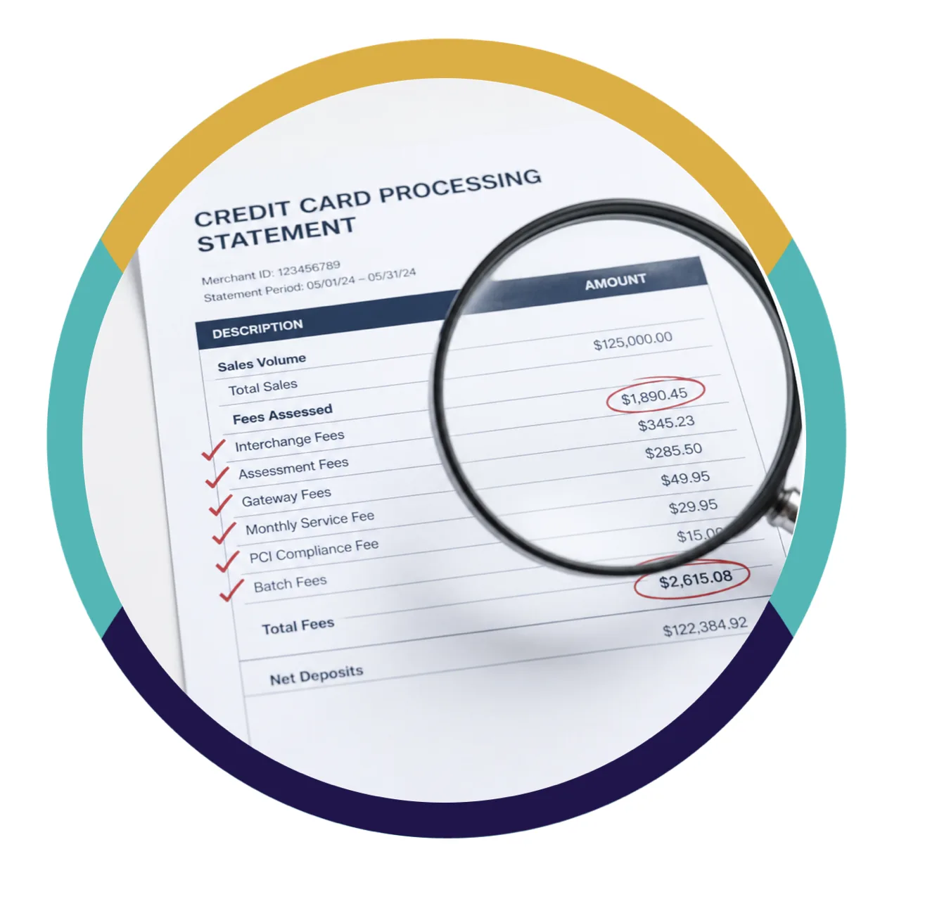 credit card processing audit image magnifying glass over statement